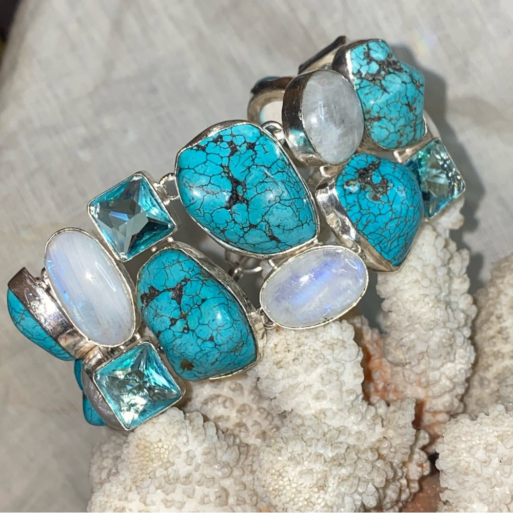Gorgeous Tibetan Turquoise + Moonstone + Blue Topaz statement cuff bracelet